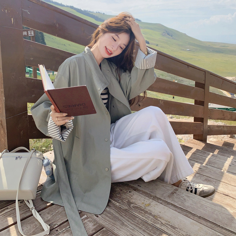 条纹拼接军绿色皮风衣外套女春秋2025新款设计感小众大衣流行爆款,女装皮衣,2C092