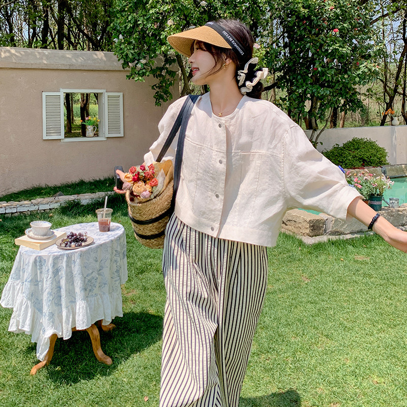 松弛感穿搭一整套女2025夏季新款白色衬衫条纹阔腿裤休闲两件套潮图片