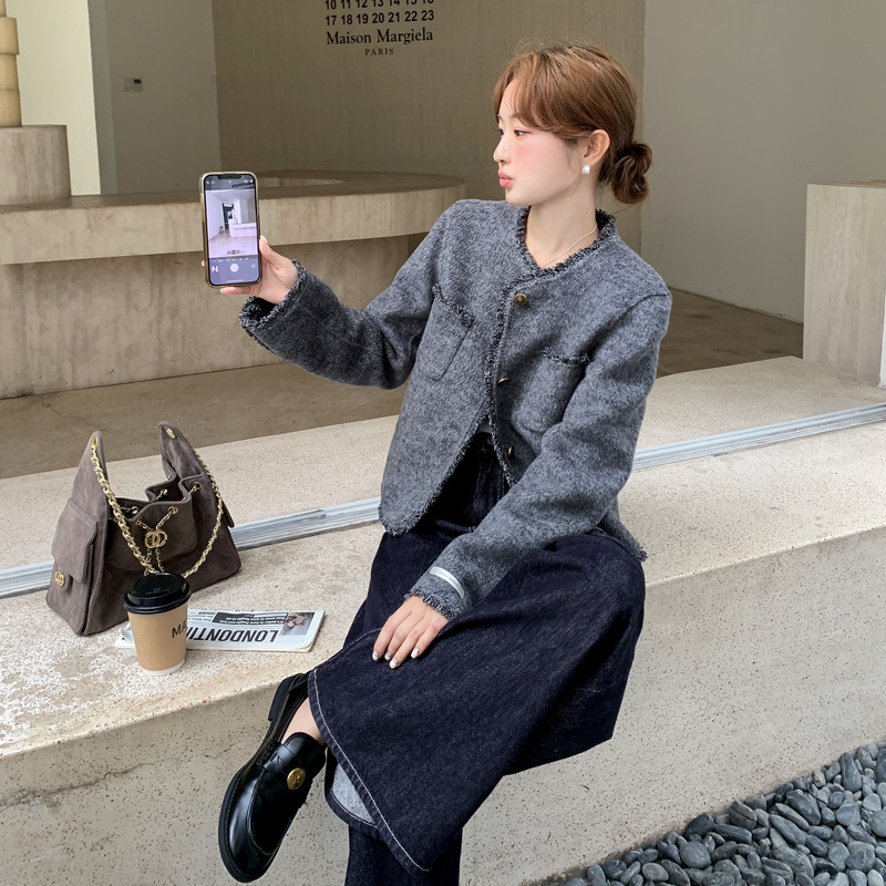 韩系设计感拼接双面呢羊毛外套女秋冬2025新款独特小个子气质大衣,女装毛呢外套,2B140