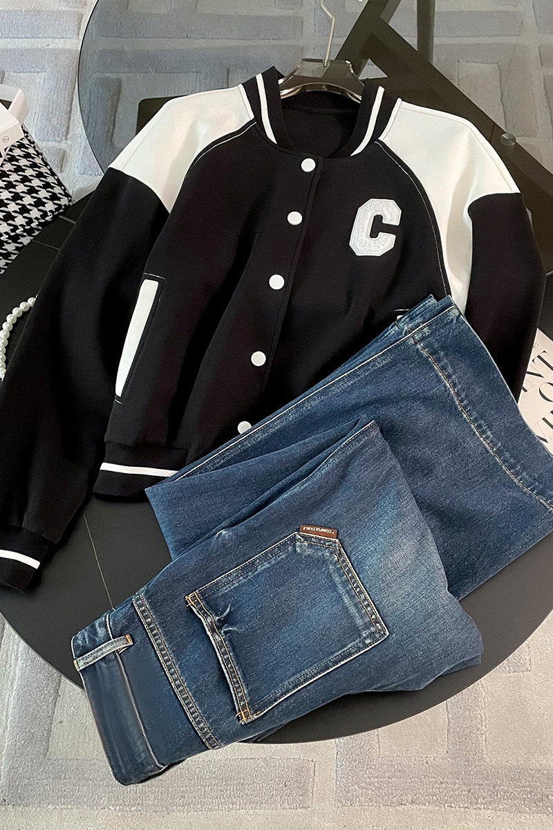 女春季黑白拼接夹克阔腿牛仔裤两件套潮,女装套装/套裙,2C310