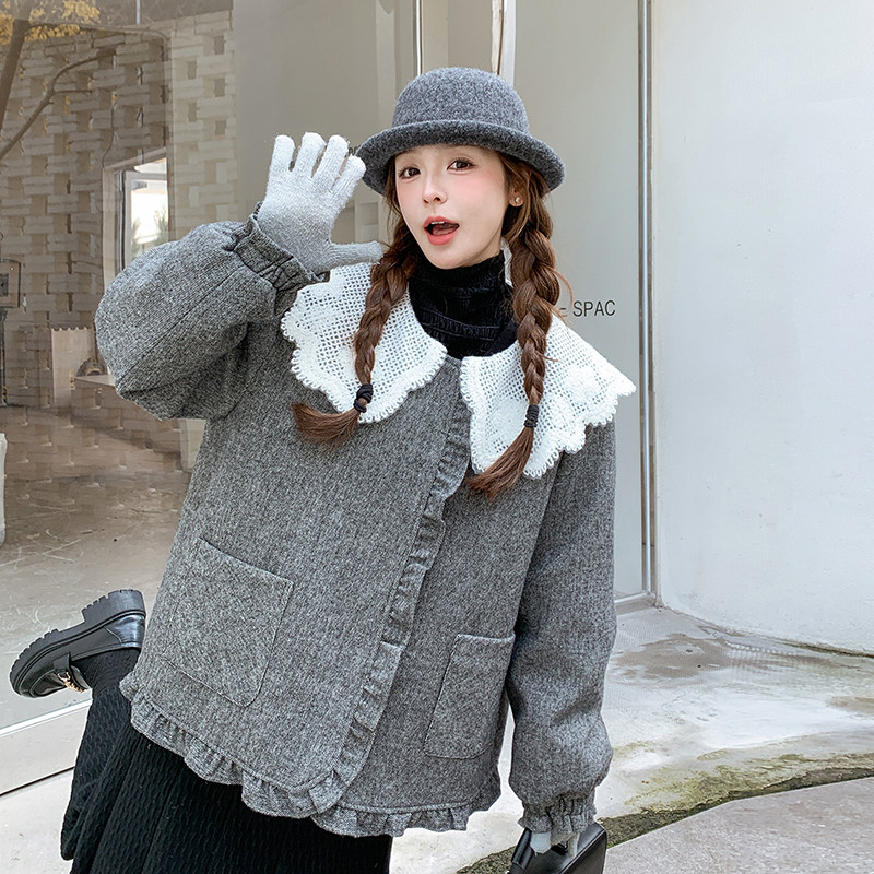 设计感蕾丝娃娃领灰色毛呢羽绒服女加厚保暖外套6122P235K358,女装羽绒服,2C166