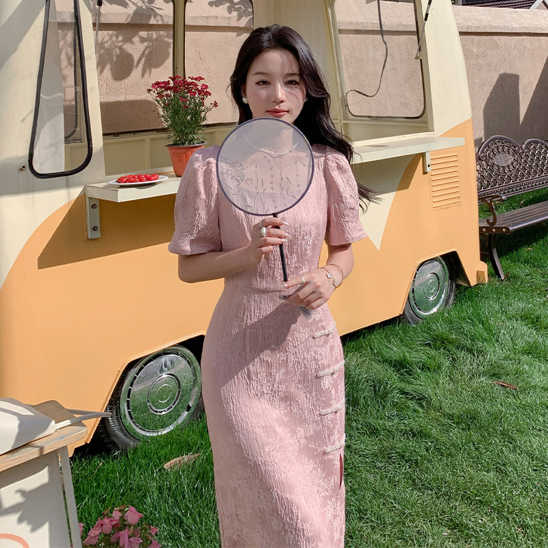 新中式国风印花改良旗袍女2025夏季新款收腰显瘦气质方领开叉长裙,女装连衣裙,2C015