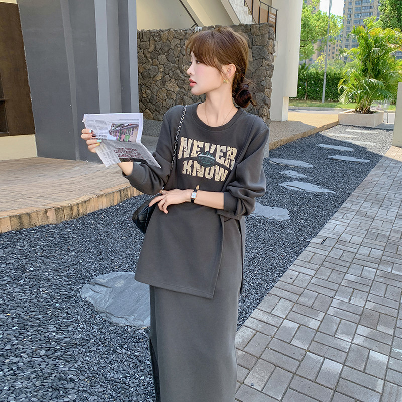 ootd穿搭休闲运动卫衣套装女春秋2025超火好看减龄慵懒长裙两件套,女装套装/套裙,2C203