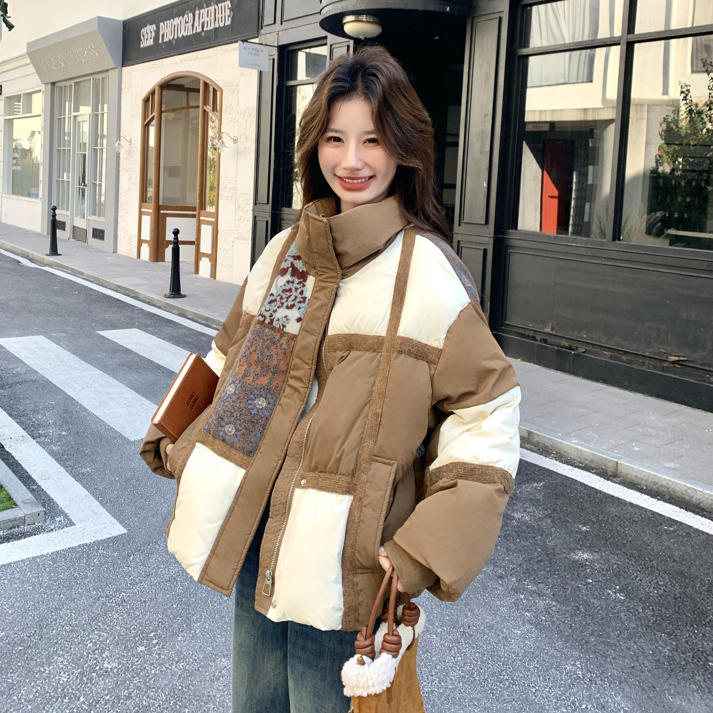 设计感撞色拼接立领90绒羽绒服女短款冬季保暖加厚白鸭绒外套,女装羽绒服,2C166