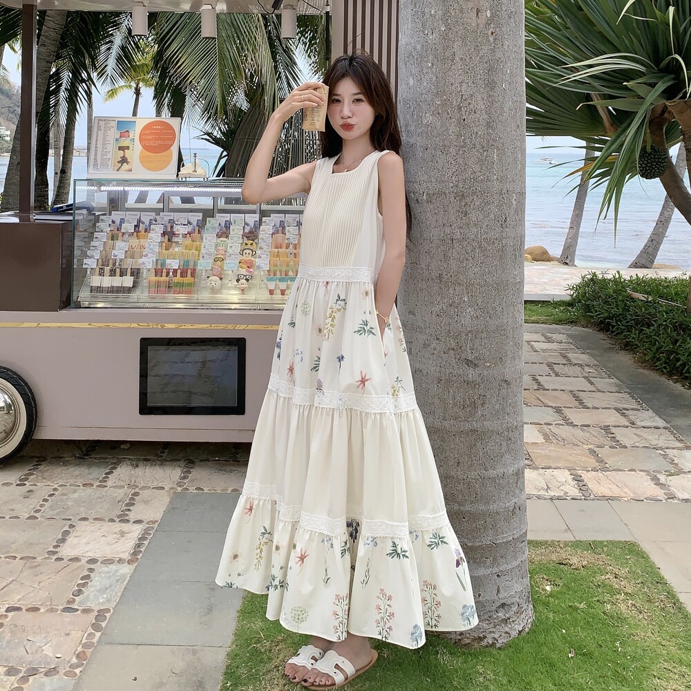 【夏装】设计感撞色拼接度假碎花连衣裙1C128-A218-P135K205,女装连衣裙,2D148