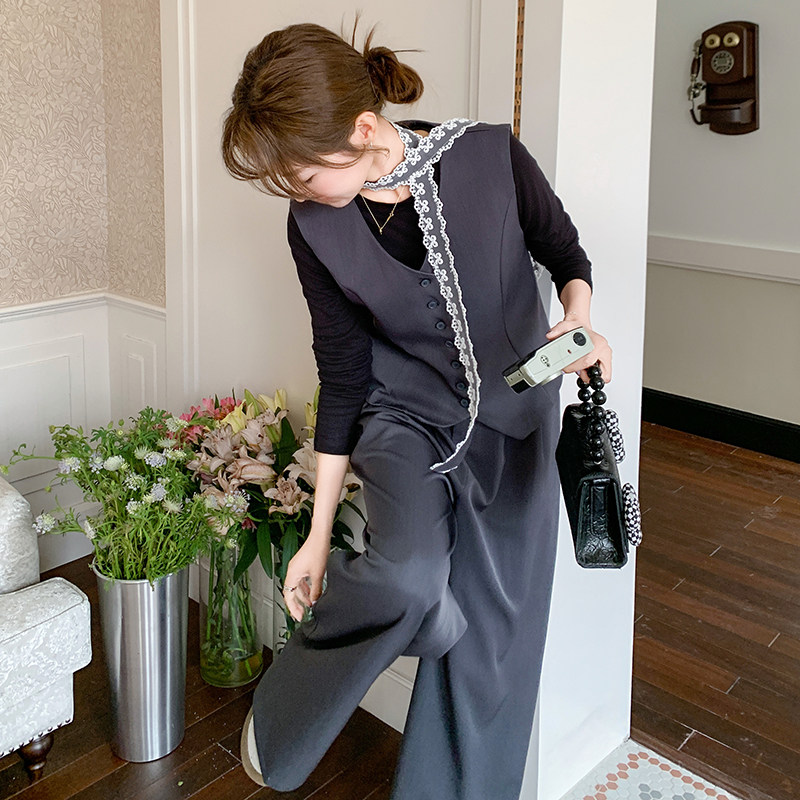 灰色韩系气质一整套西装套装女2025秋季新款高腰阔腿休闲裤三件套,女装套装/套裙,2D078