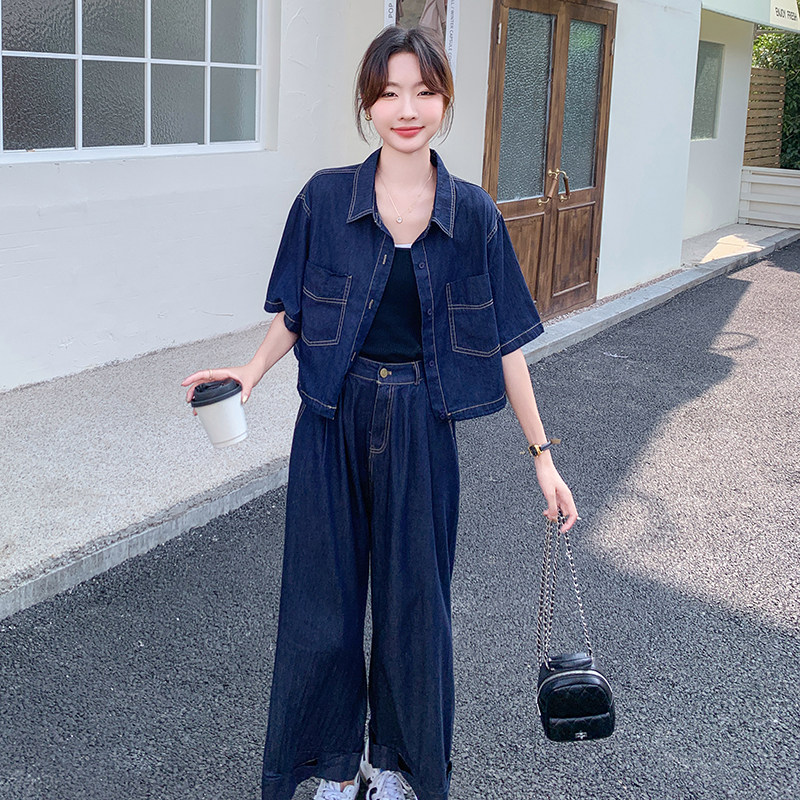 盐系轻熟风薄款天丝牛仔短袖上衣阔腿裤套装两件套女夏季时尚洋气图片
