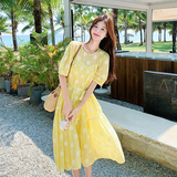 设计感黄色绣花连衣裙女2025新款夏季法式温柔风气质收腰初恋长裙，女装连衣裙，2D009
