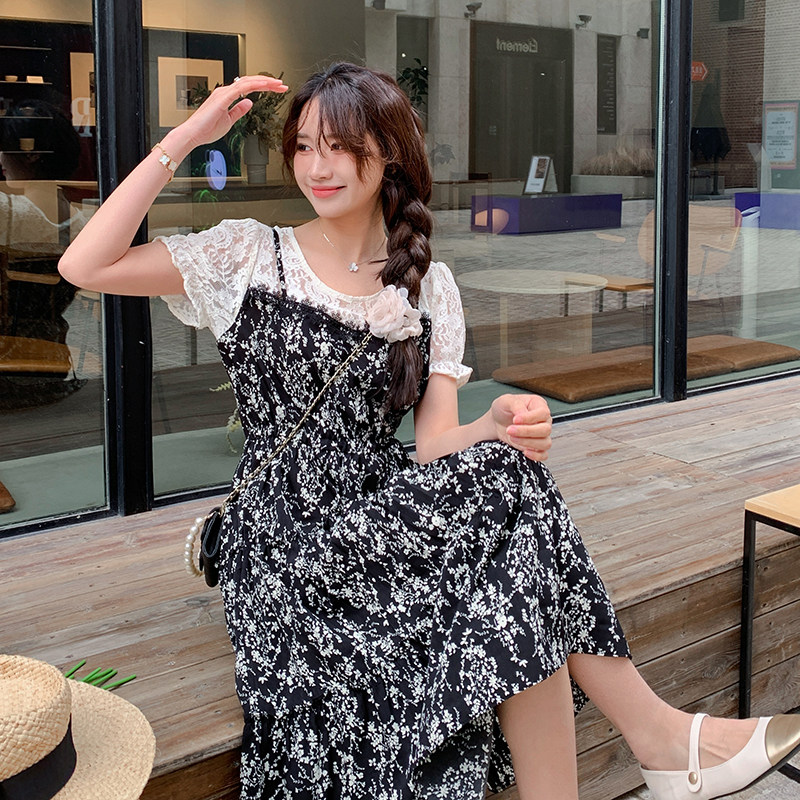 法式绝美蕾丝碎花吊带连衣裙女夏2025新款收腰假两件套装雪纺裙子,女装连衣裙,2C087