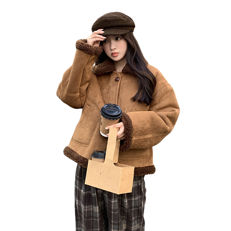 时尚棕色麂皮绒皮毛一体短款上衣P195,女装棉衣/棉服,2C291