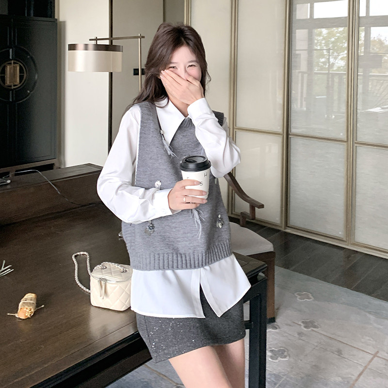 法式少女复古气质长袖衬衫上衣马甲套装女春秋新款时尚两件套,女装套装/套裙,2C166