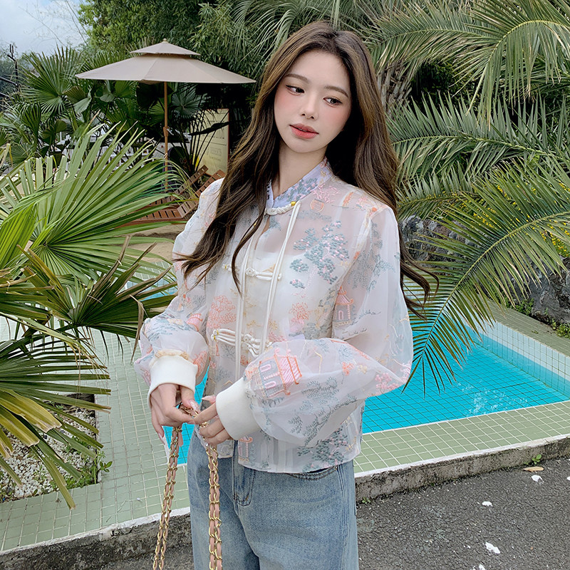 新中式风复古刺绣提花薄款防晒空调服夹克短款外套+牛仔裤套装,女装套装/套裙,2D148