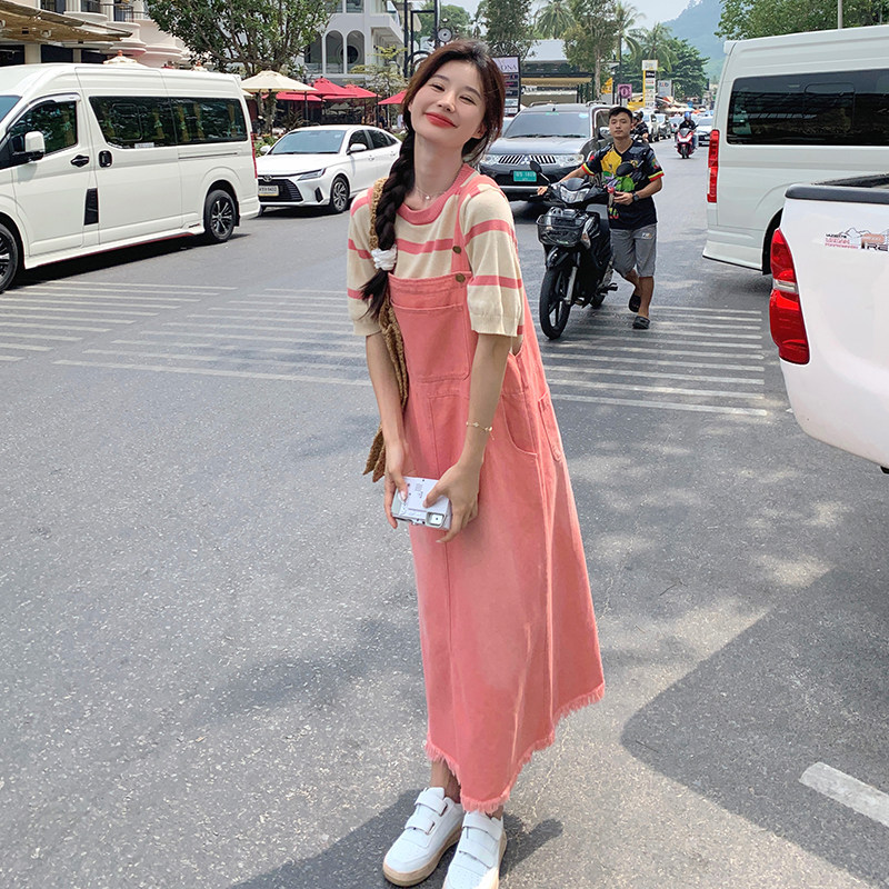 粉色牛仔背带裙女2024夏季新款韩系复古小个子遮肉减龄长款连衣裙,女装孕妇装,2C177