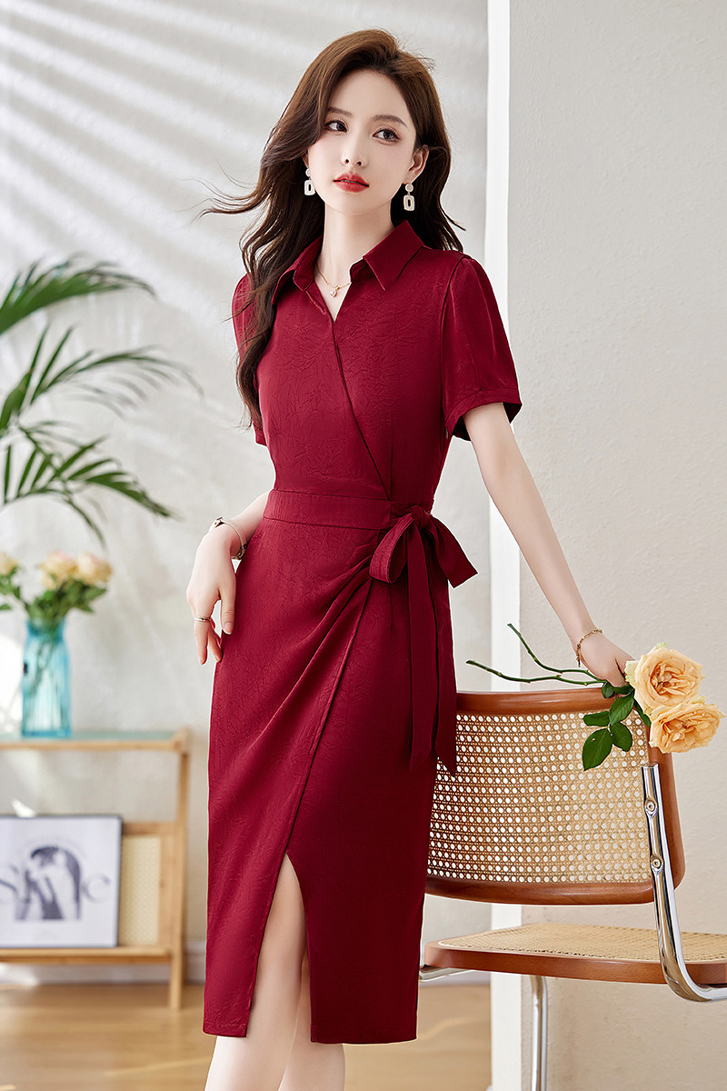 高级感红色衬衫连衣裙女2024夏季新款气质收腰显瘦通勤风开叉裙子,女装连衣裙,锦绣伊人