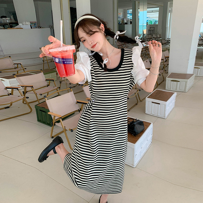 新款2C0106310P105K158长款撞色条纹气质显瘦连衣裙,女装连衣裙,2C010
