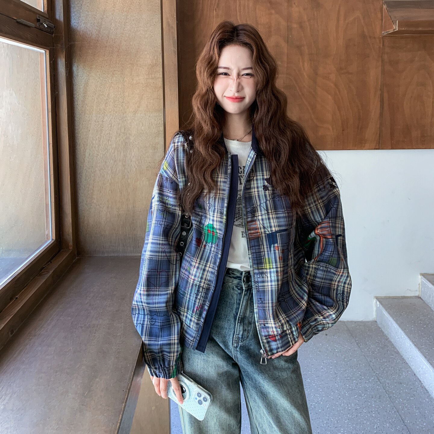 复古蓝色格纹印花小香风外套2026新款女初秋巨好看韩系chic短夹克,女装短外套,2C218