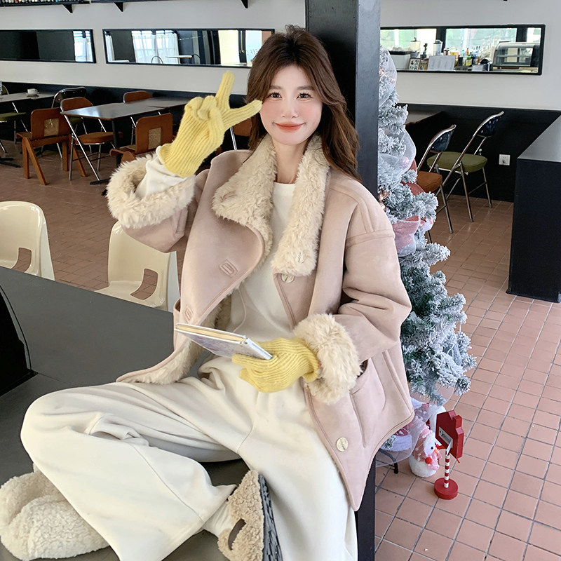 甜美粉色麂皮绒两面穿皮毛一体羊毛羔外套女秋冬2025新款加厚棉服,女装棉衣/棉服,2C122