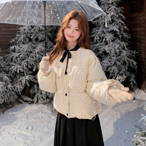 新款现货 千金风波点韩系休闲短款丝绒领带羽绒服外套图片