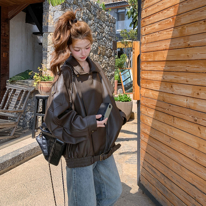 酷飒拽姐复古机车皮衣外套女春秋新款爆款高级感宽松百搭短款夹克,女装皮衣,2C375