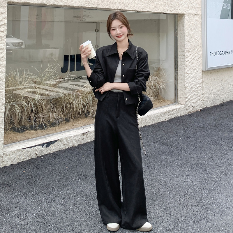 黑色复古高级感通勤套装女2025年春秋季新款显瘦上衣阔腿裤两件套图片