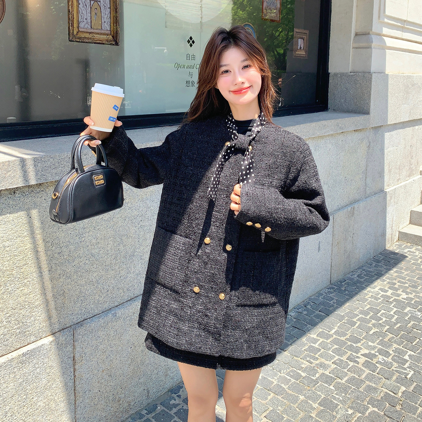 小香风羽绒服半身裙套装女冬季新款设计感小众百搭美式复古两件套,女装毛呢外套,2D078