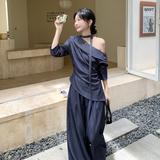 气质飘带露肩上衣休闲裤套装女秋2026新款大方得体流行超火两件套，女装套装/套裙，2C159