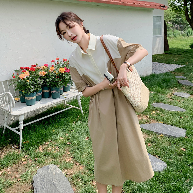 卡其色拼色Polo领连衣裙夏女2024新款设计感气质宽松中长款衬衫裙,女装连衣裙,2C159