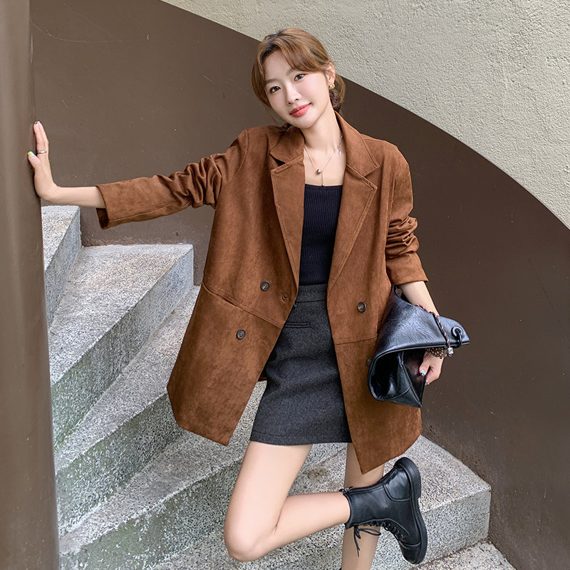 美拉德咖色麂皮绒西装外套女2025春秋新款韩系高级感炸街通勤西服,女装短外套,2C280