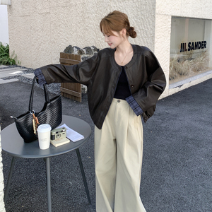 高级感咖色皮衣外套女2025新款宽松无领独特超好看PU皮夹克图片