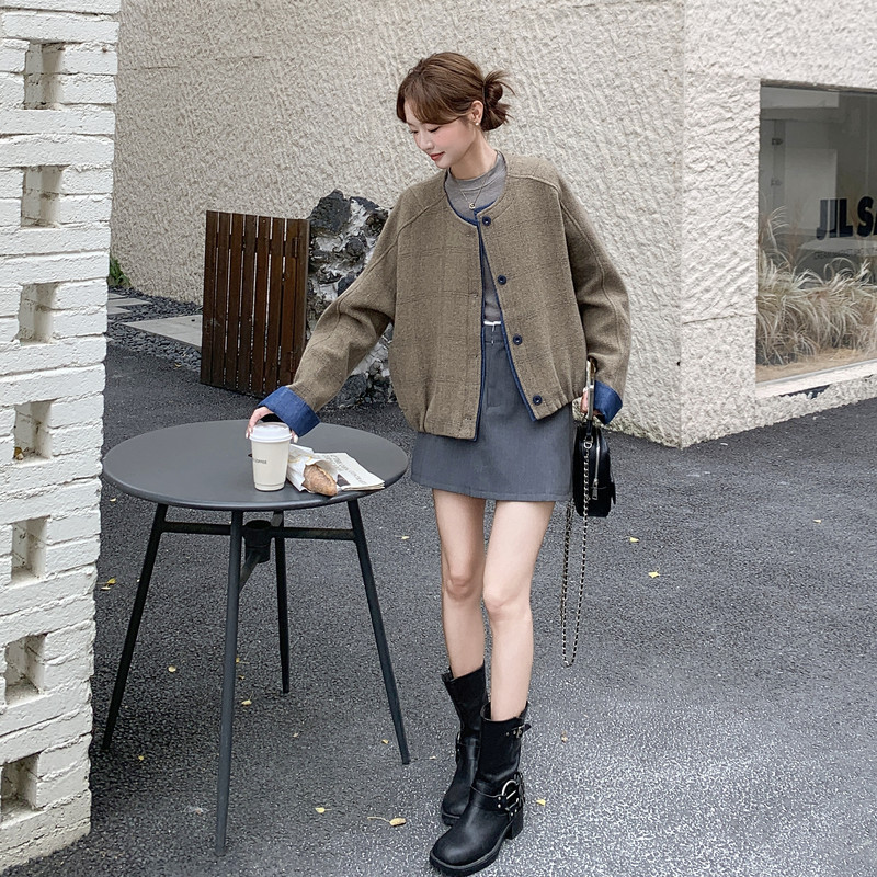 复古拼接格纹毛呢厚外套2025新款女冬小香风巨好看韩系短款呢大衣,女装毛呢外套,2C159