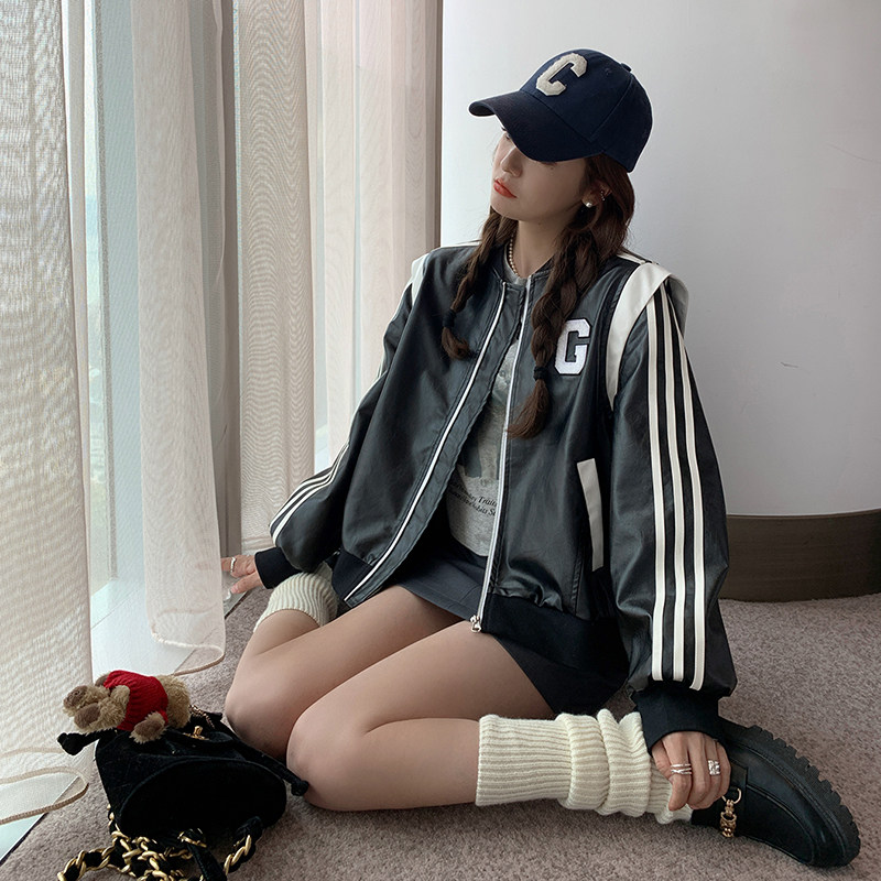 美式复古黑色棒球服皮衣外套女2023春秋新款小个子炸街百搭短上衣,女装皮衣,2C052