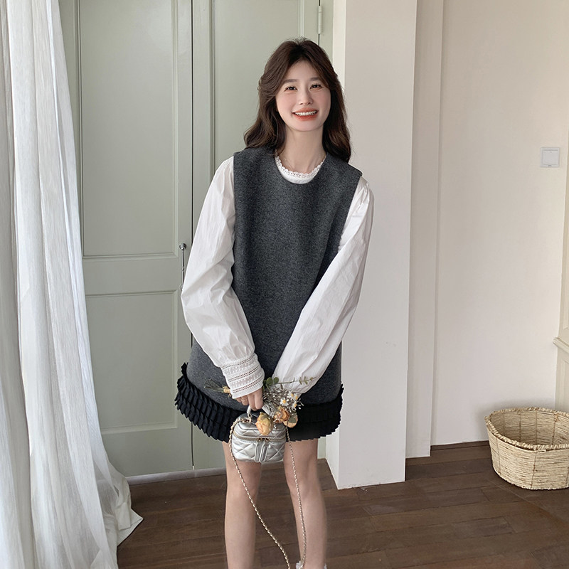 木耳边新款超好看显瘦叠穿上衣女下摆小个子背心裙两件套,女装套装/套裙,2C166