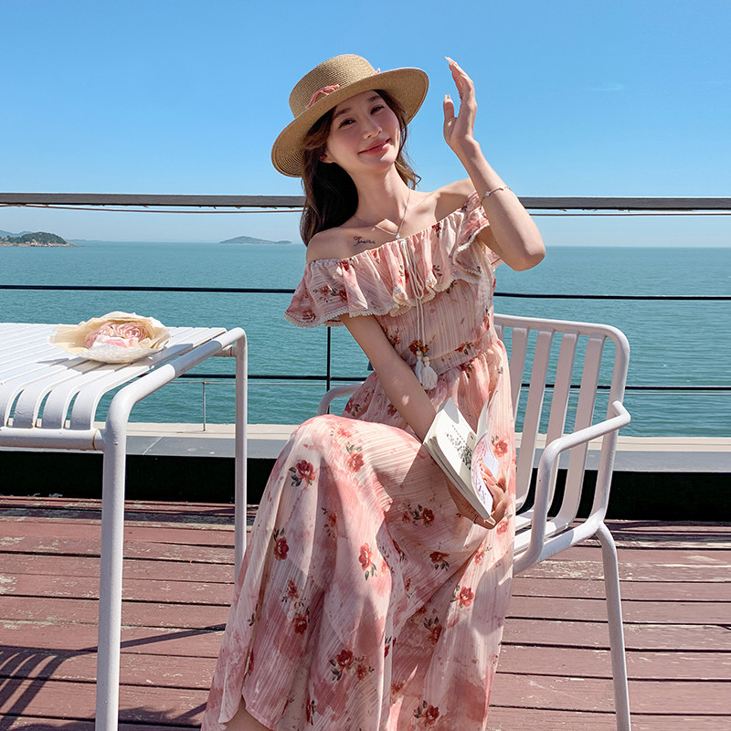 粉色甜美森系泡泡袖露肩一字领长裙女夏季新款别致茶歇碎花连衣裙,女装连衣裙,2C057