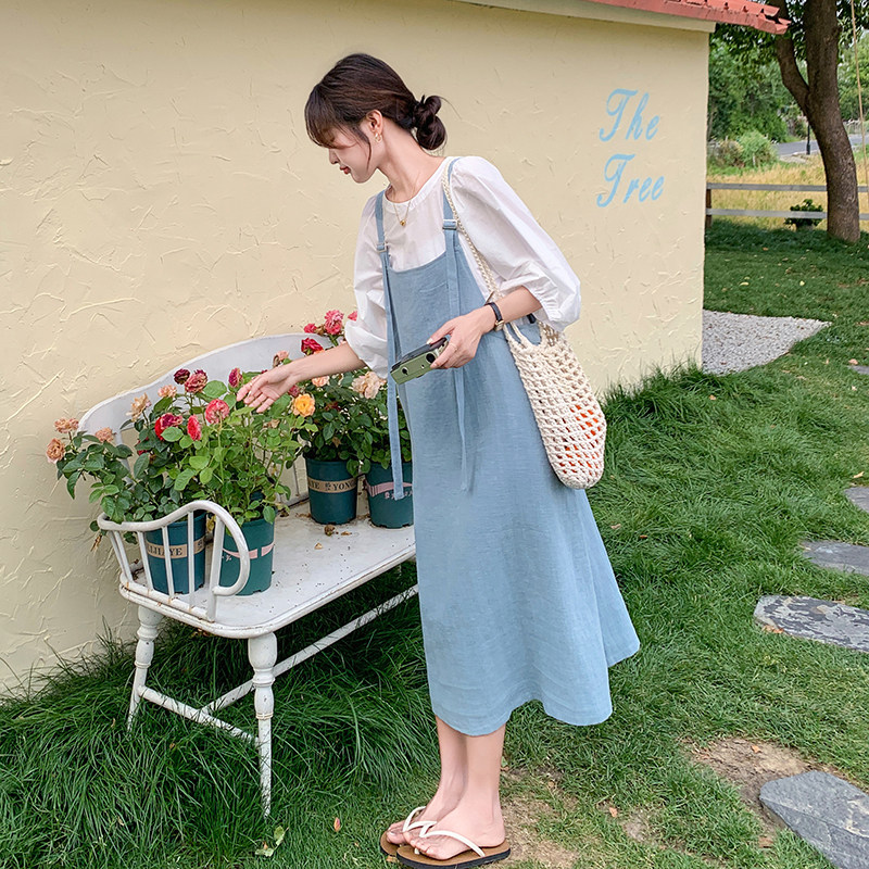 蓝色休闲减龄背带裙套装女夏2025新款法式泡泡袖上衣A字裙两件套,女装套装/套裙,2C166