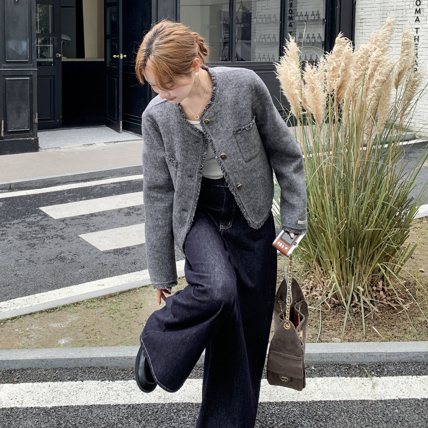韩系设计感拼接双面呢羊毛外套女秋冬2025新款独特小个子气质大衣,女装毛呢外套,2B140
