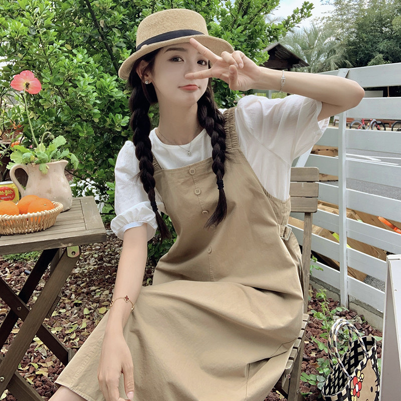 街头风休闲风少女风法式时尚套装吊带韩版短袖连衣裙显瘦小个子图片