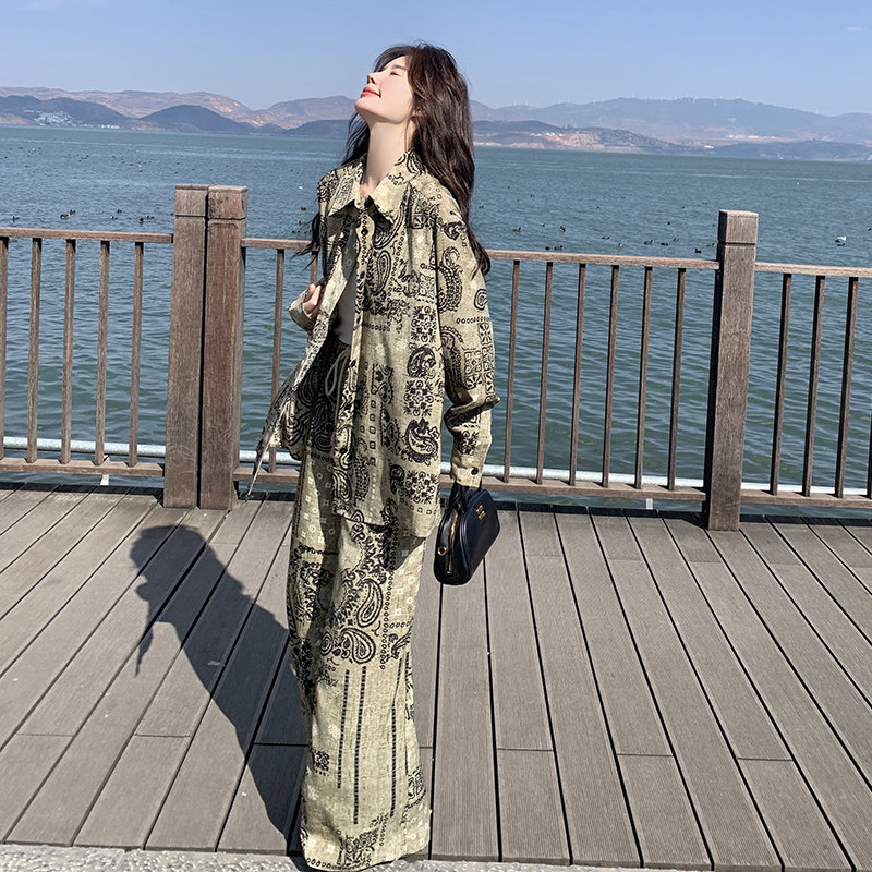 老钱风时尚印花防晒套装女春秋2025款韩系独特好看垂感衬衫阔腿裤,女装套装/套裙,2C300