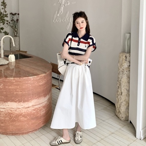 美式学院风条纹polo领上衣套装裙女2025夏季新款休闲半身裙两件套图片
