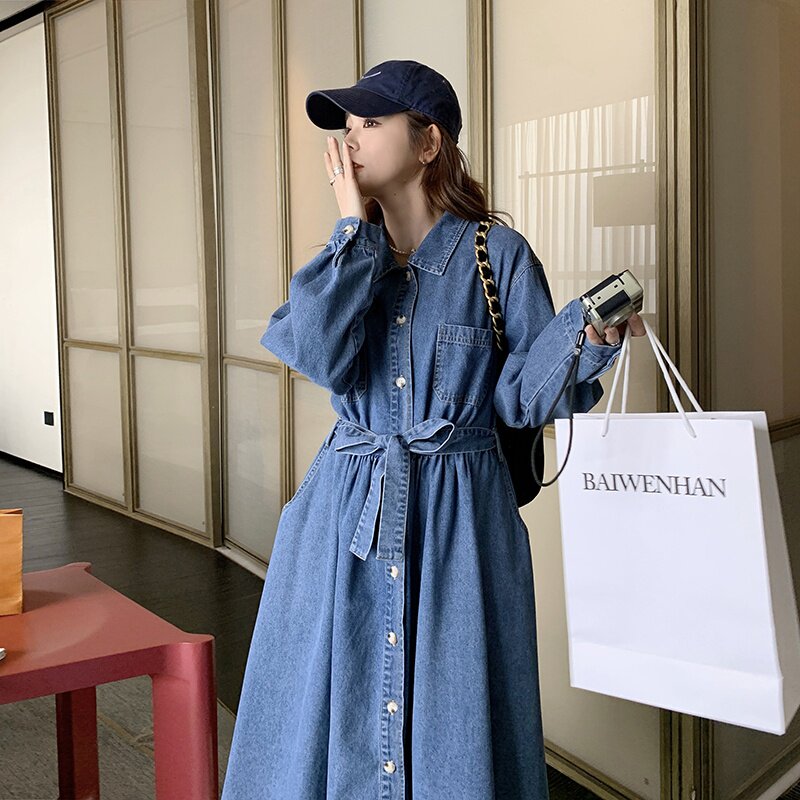 法式复古牛仔连衣裙女长裙2023新款女装时髦洋气收腰工装衬衫长裙,女装连衣裙,2D043