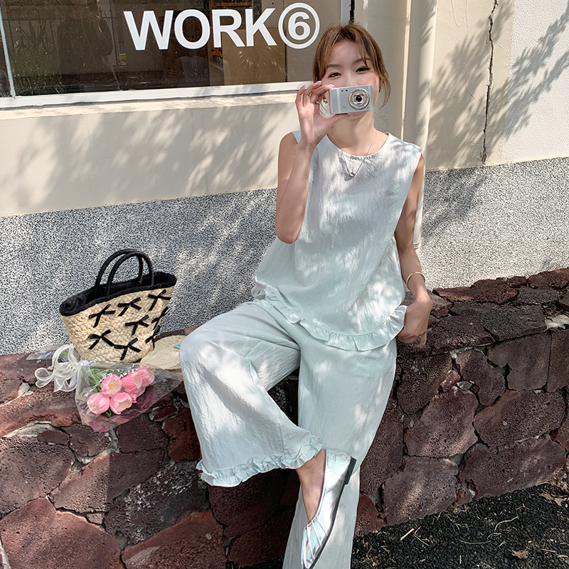浅绿色小香风套装女2025夏新款高级感韩系无袖上衣阔腿裤两件套图片