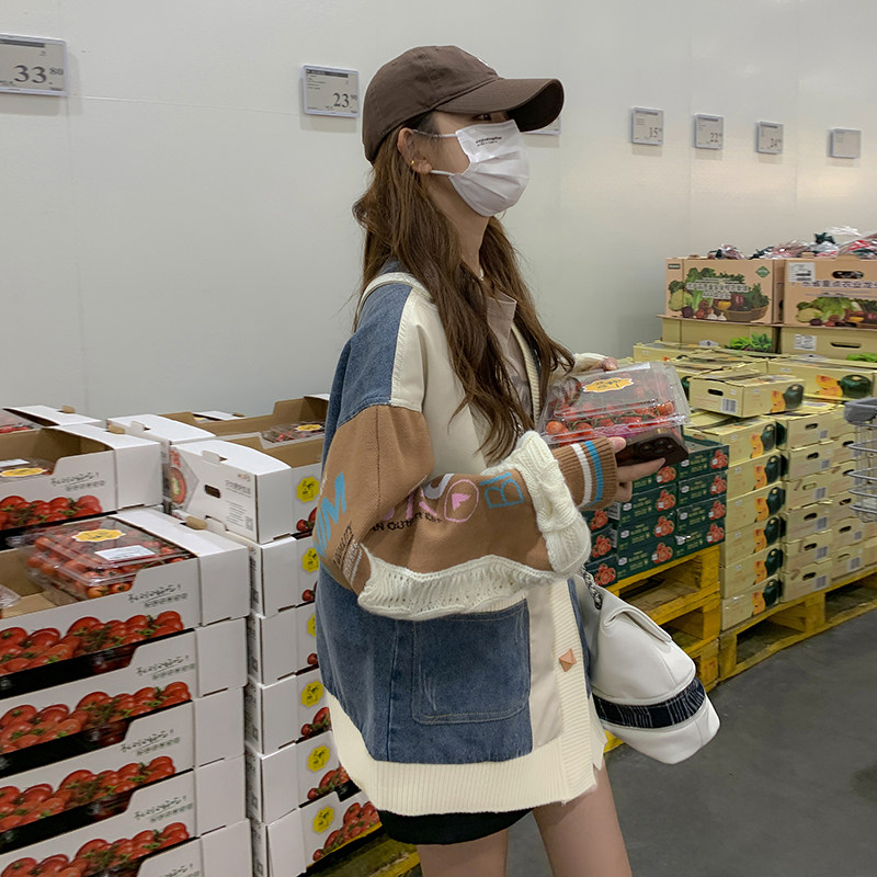 牛仔拼接毛衣开衫女宽松针织袖外套女2C112-CF66-P140-K198,女装短外套,2C112
