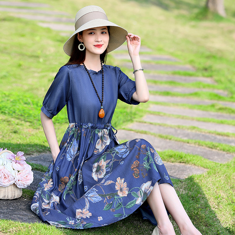 天丝牛仔连衣裙女夏薄款2023新款气质收腰显瘦气质拼接印花裙子,女装连衣裙,锦绣伊人