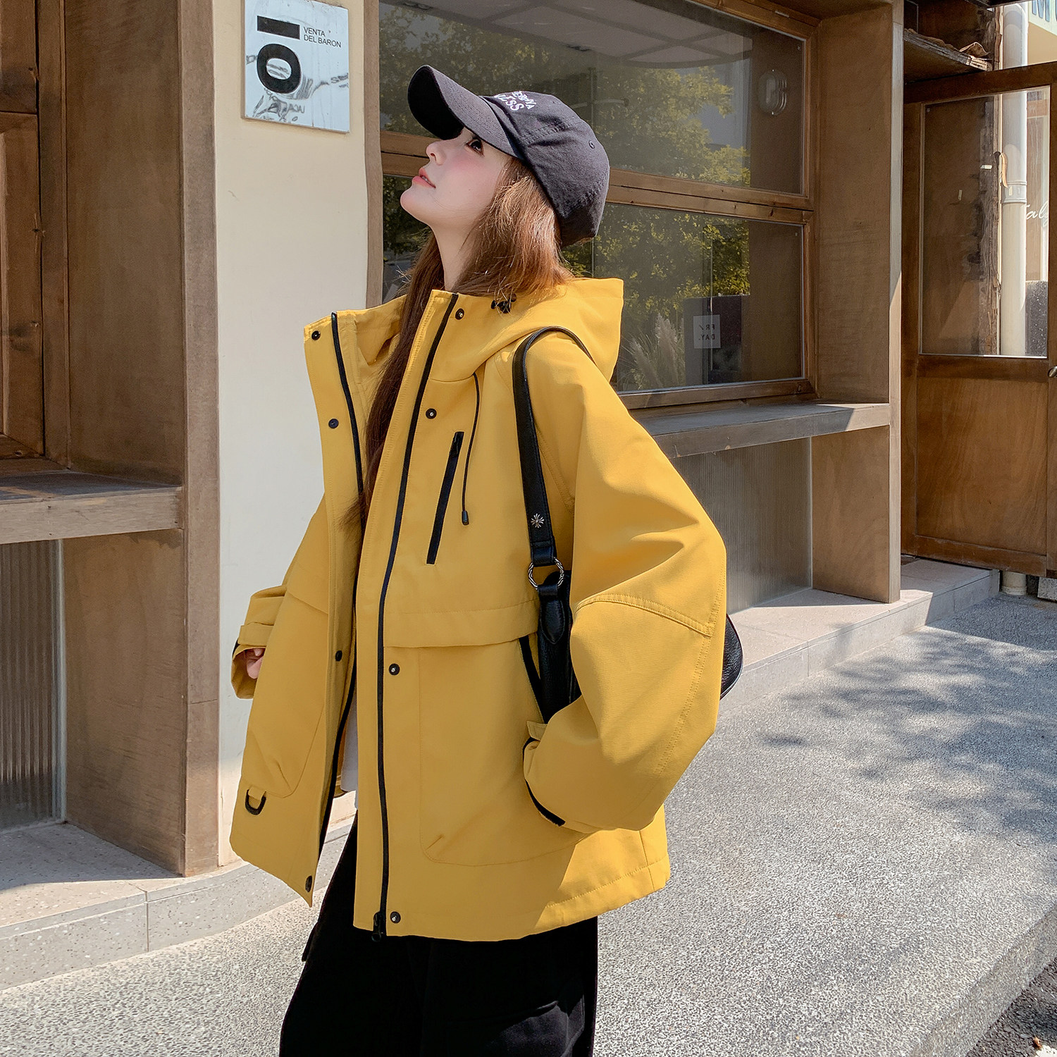 韩系撞色拼接休闲黄色冲锋衣外套女春秋2025新款小个子减龄巨好看,女装大码女装,2B154