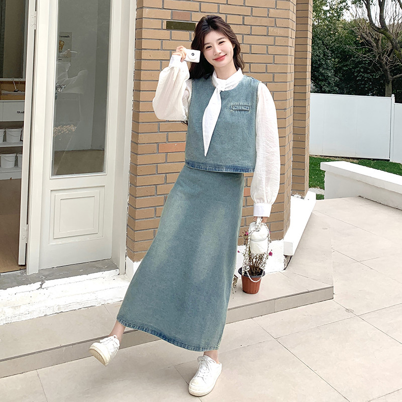 时尚牛仔小香风套装女2025春秋新款洋气减龄马甲小衫阔腿裤两件套,女装套装/套裙,2D078