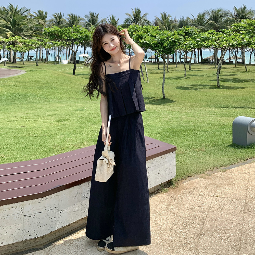 藏青色氛围感辣妹牛仔吊带背心套装女夏新款洋气薄款阔腿裤两件套,女装套装/套裙,2C271