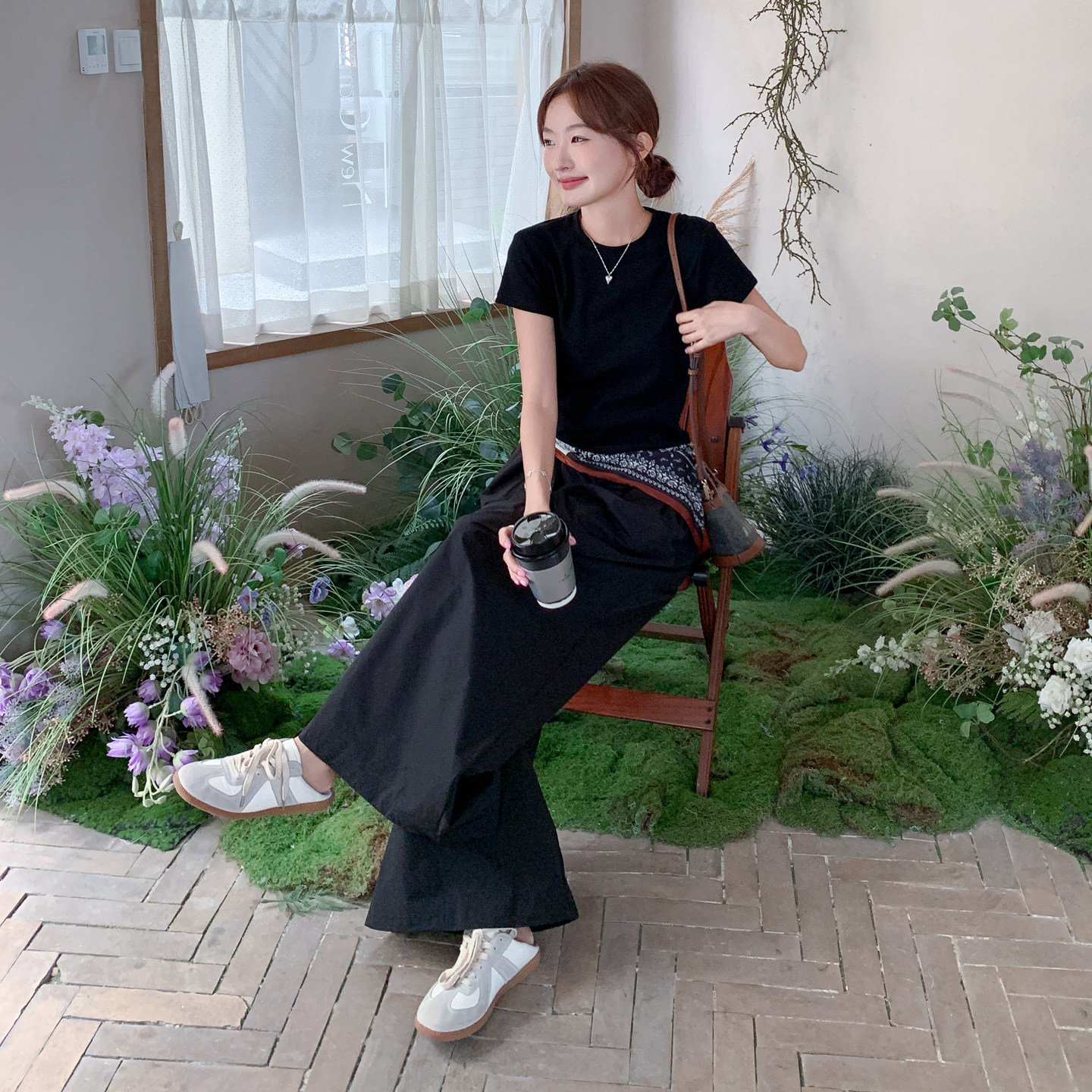 黑色韩系休闲短袖T恤套装女2025夏季新款松弛感宽松阔腿裤两件套,女装套装/套裙,2C266