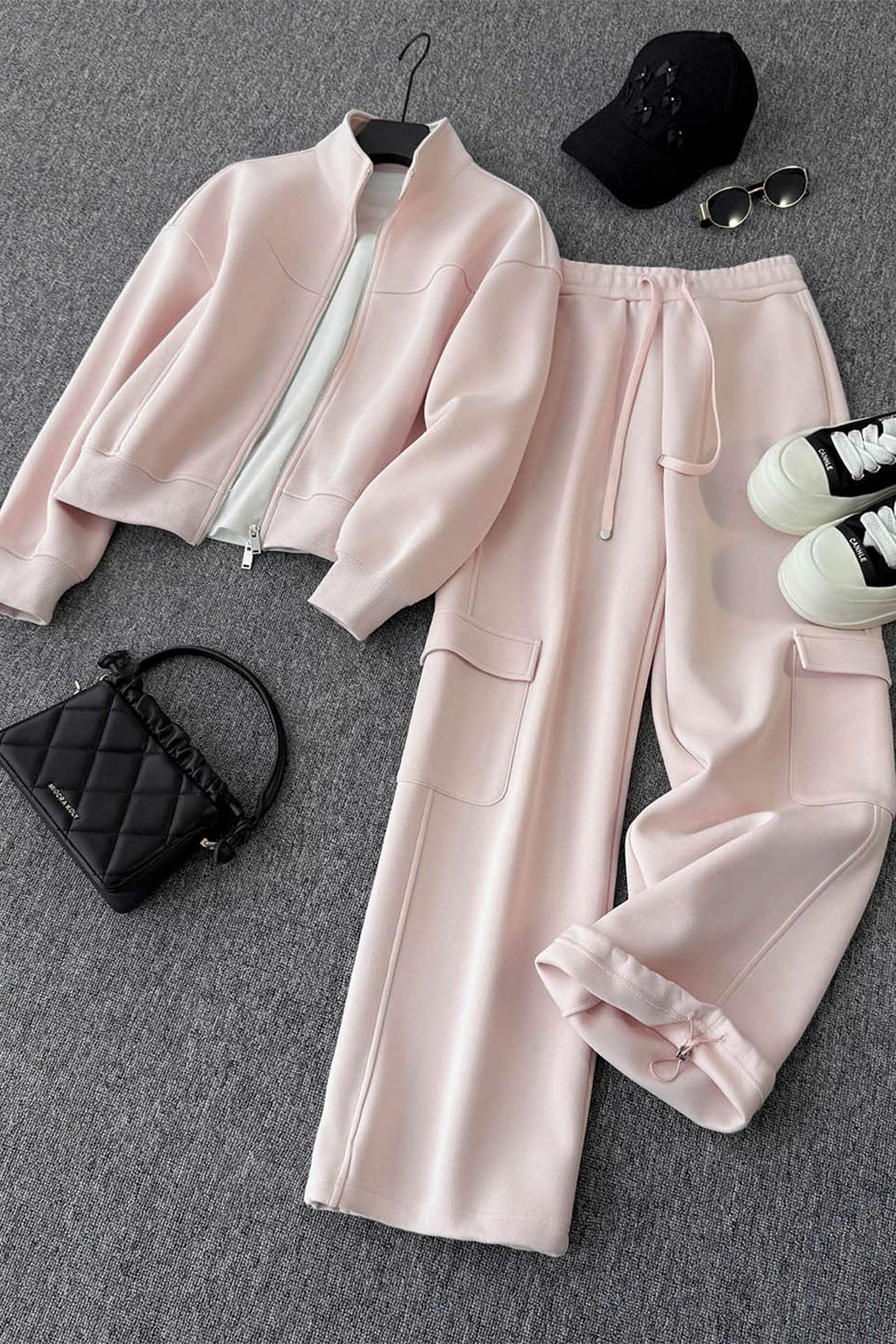 时尚休闲运动套装女春新款修双头拉链立领长袖上衣阔腿长裤三件套,女装套装/套裙,2C310
