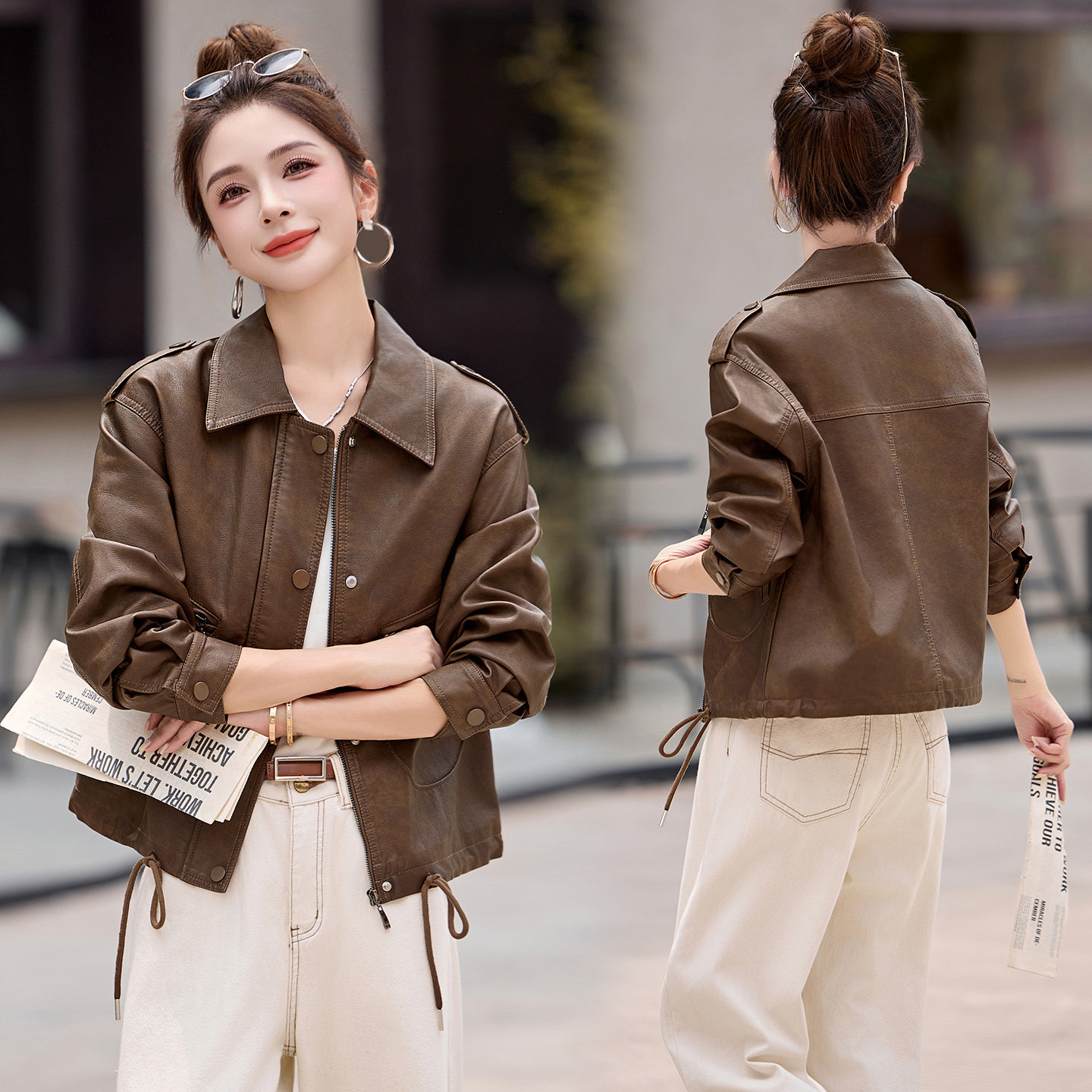 新品现货时髦百搭皮衣女短款高级感皮夹克1C115-2527-P120-K258,女装皮衣,吾爱衣