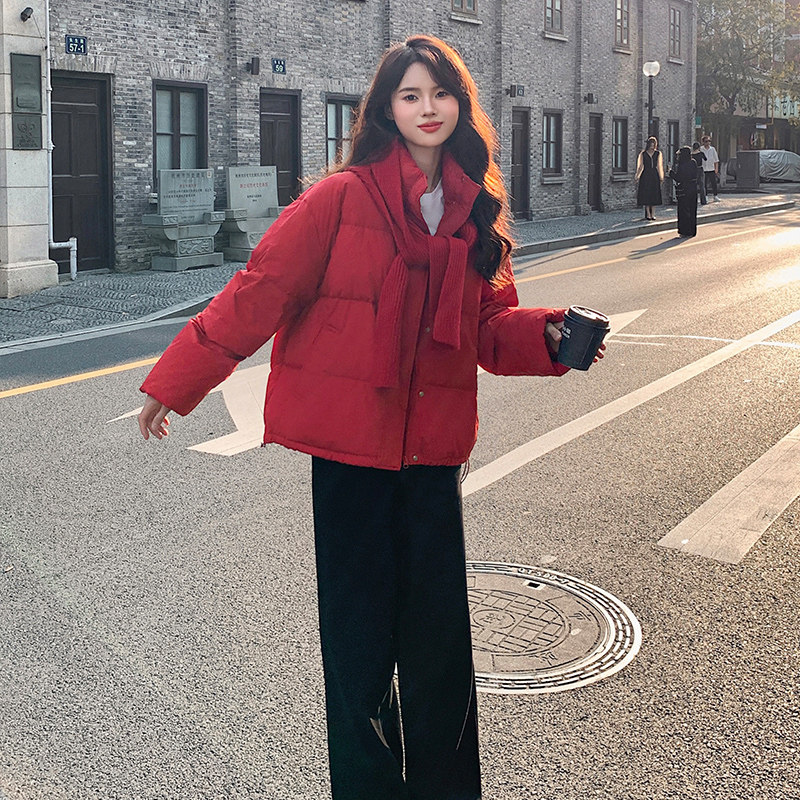 韩系短款新年红加厚羽绒服女2025冬季新款显瘦保暖立领白鸭绒外套,女装羽绒服,2C009