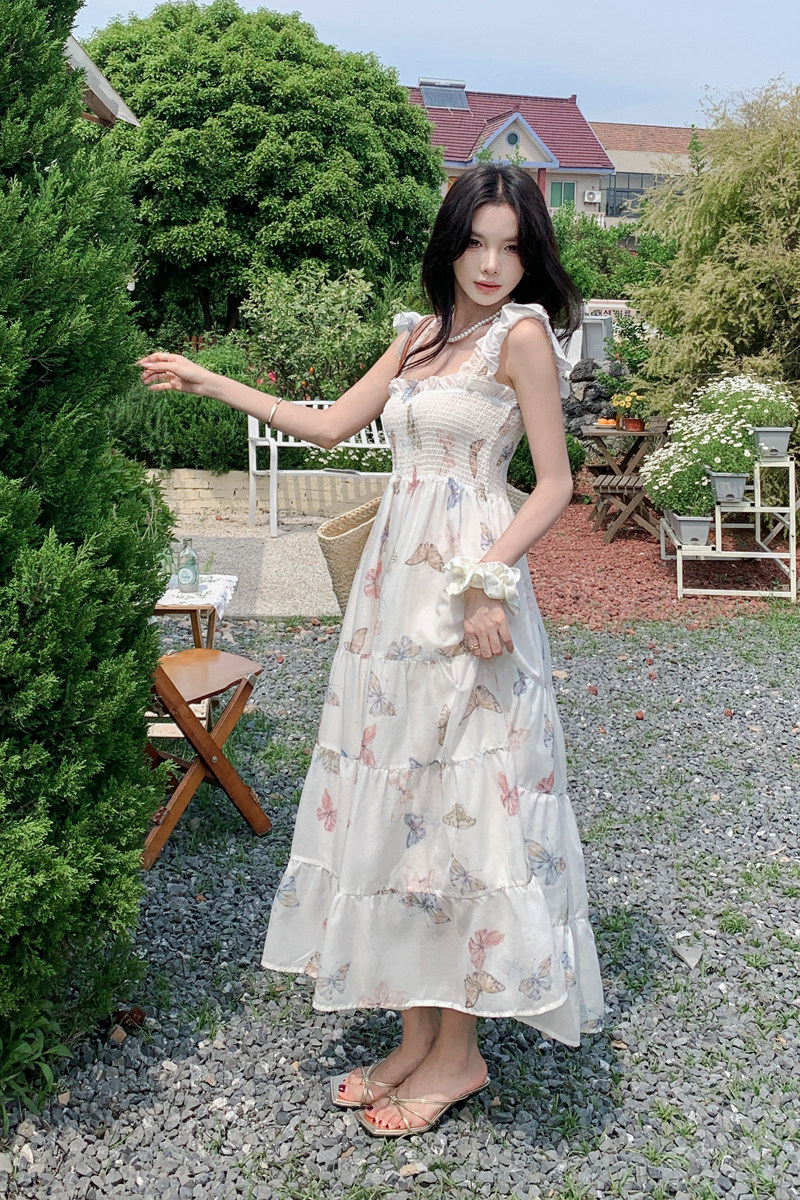 现货蝴蝶海边度假气质印花连衣裙2595-P125-K188,女装连衣裙,2C159